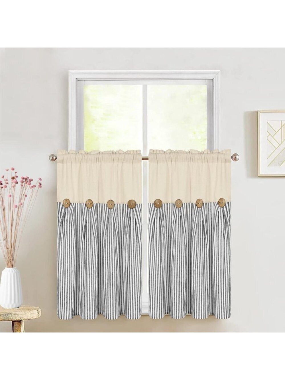 Boho Rustic Grey Stripe Cotton Linen Kitchen Curtains, 36" Tier Panels for Small